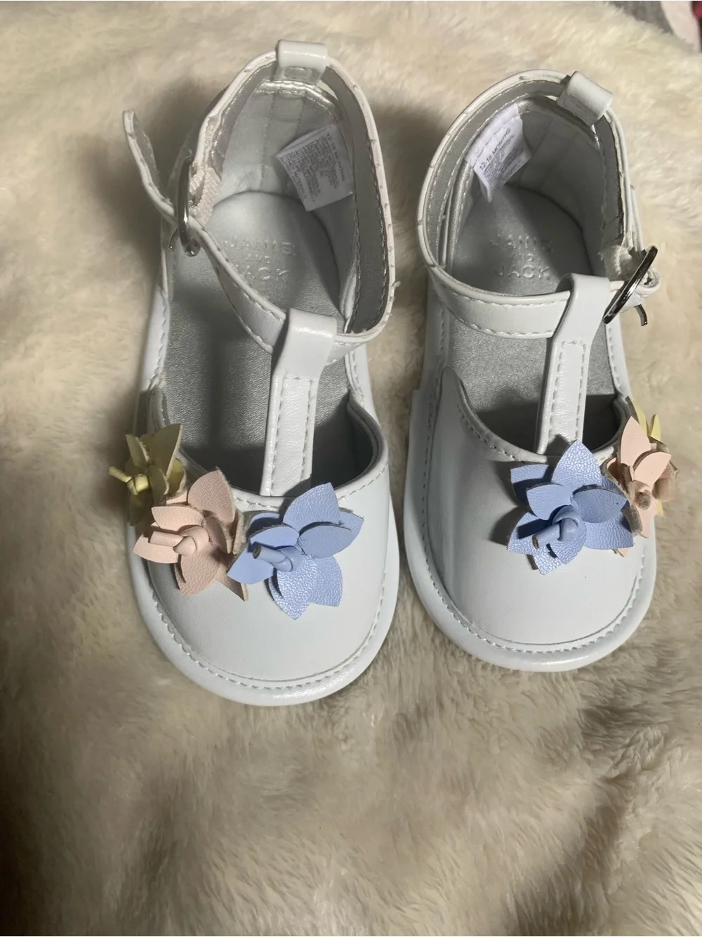Janie and Jack White Floral T-Strap Dress Shoes with Pastel Accents